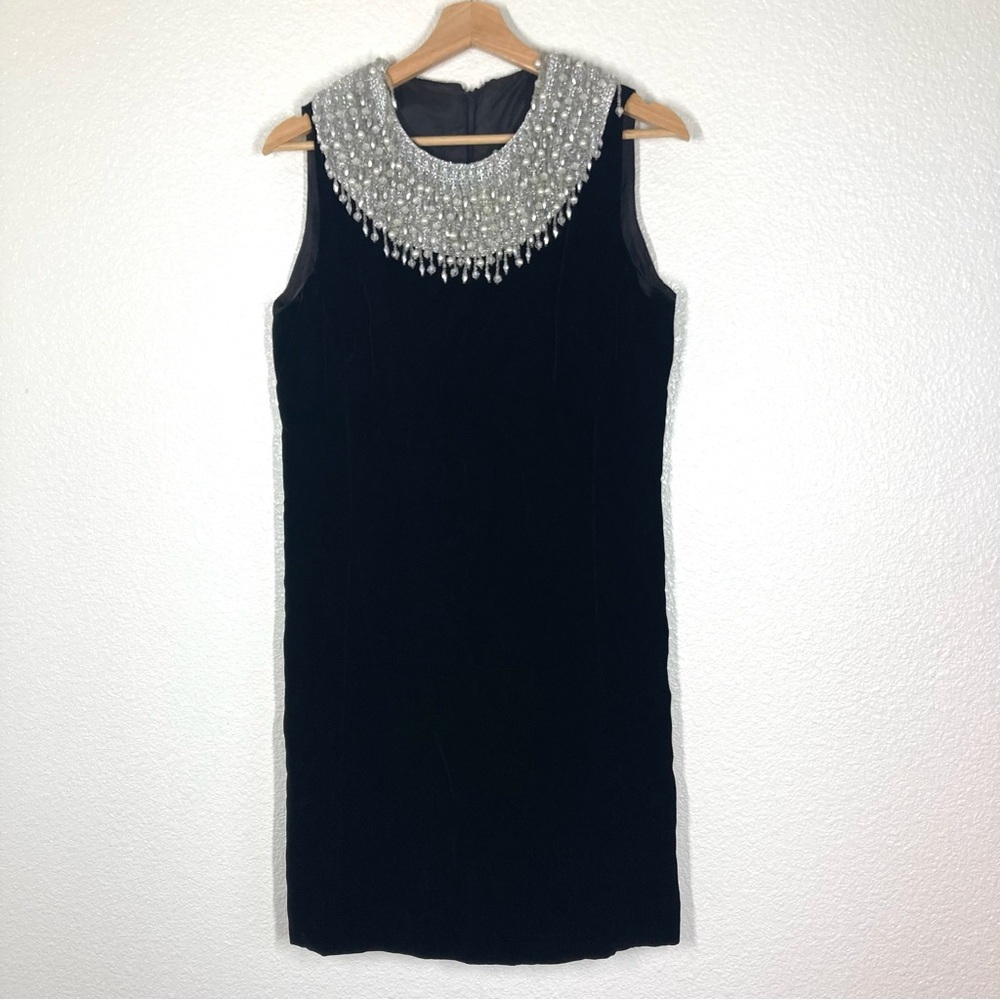 Joseph Magnin Vintage 70s Dress M velvet Embellished Black Silver stones Glam